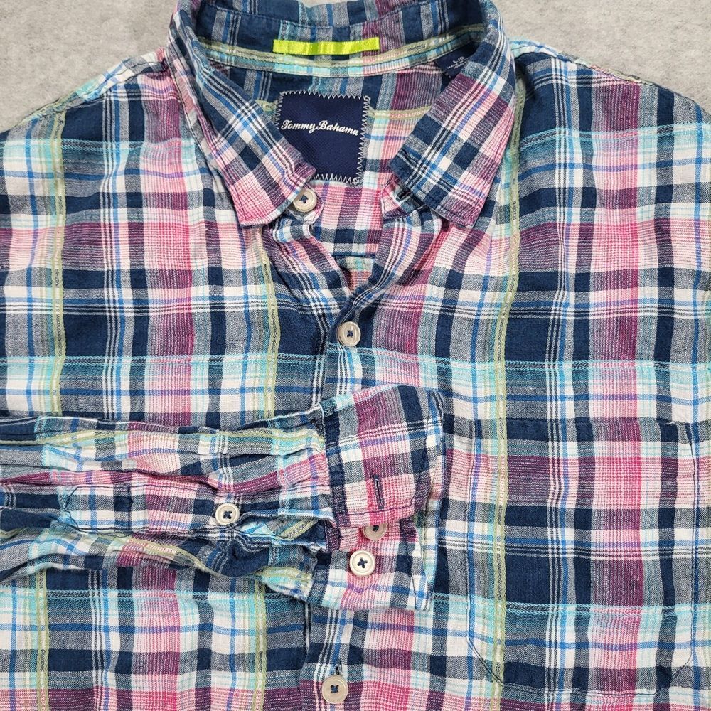 Tommy Bahama Mens Large 100%‎ Linen Pink Blue Plaid Long Sleeve Shirt